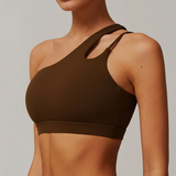 Brassière pole dance asymétrique VYBE™ couleur chocolat – vue de face